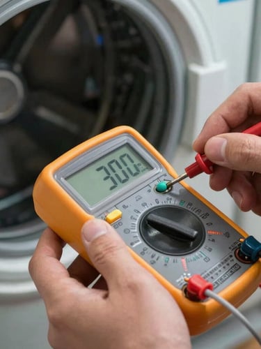 Macro close-up of a technician using a digital multimeter to test a dryer thermal fuse, bright utility lighting