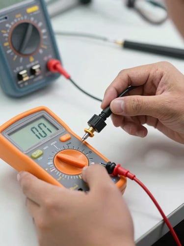 Macro close-up of a technician testing a dryer thermal fuse with a digital multimeter on a clean workbench, bright utility lighting.