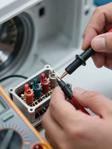 Macro close-up of a technician using a digital multimeter to test electrical continuity on a dryer thermal fuse, bright utility lighting, crisp focus on the metal terminals