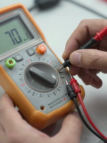 Macro close-up of a technician testing a dual run capacitor with a digital multimeter, bright utility lighting, crisp focus on the terminal markings.