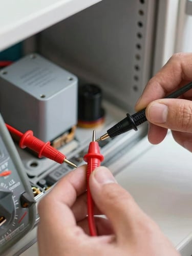 Macro close-up of a technician's hands using a digital multimeter to test a refrigerator start relay, bright utility lighting, clear mechanical components, shallow depth of field.