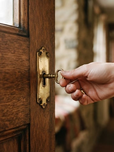 Close-up of a hand carefully turning a polished brass key in a solid oak door lock, soft morning light, shallow depth of field, rich muted earth tones.