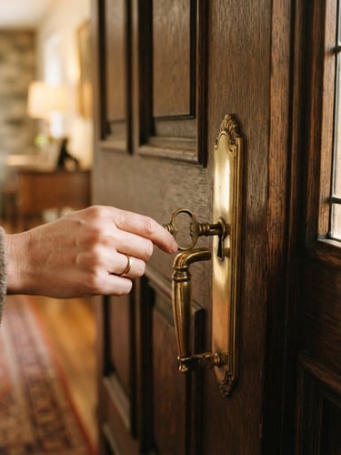 Warm editorial photograph of a grand home entrance, a brass door handle gleaming, soft morning light, shallow depth of field, 35mm. A key is being gently inserted into the lock, emphasizing trust and access.