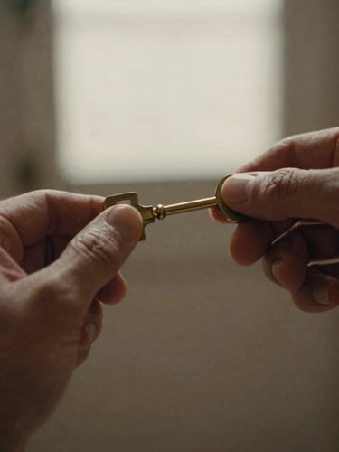 Close-up of hands turning a brass key in a lock, soft morning light, shallow depth of field, rich muted earth tones, 35mm