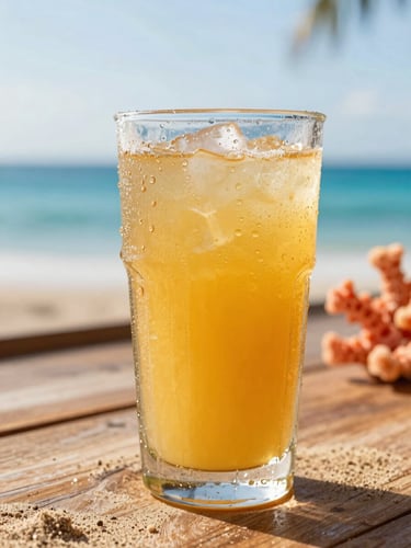 Tight detail shot of condensation on a cold glass of tropical juice, warm golden hour light, textured sand on a wooden table in the background.