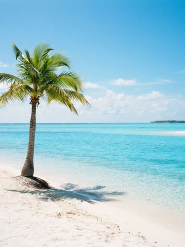 High-key, sun-drenched wide landscape of a minimalist tropical beach, crystal-clear turquoise water, a single palm tree casting a crisp shadow on white sand, bright midday sun, 35mm lens feel.