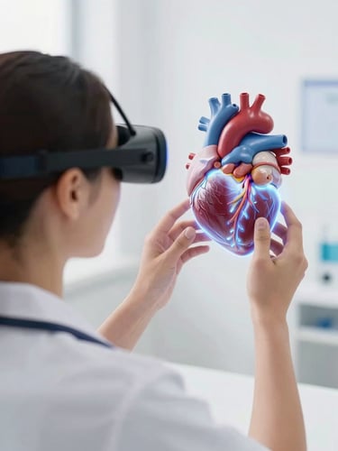 Over-the-shoulder shot of a medical trainee wearing an XR headset, interacting with a glowing 3D anatomical heart model, bright daylight, clinical background.