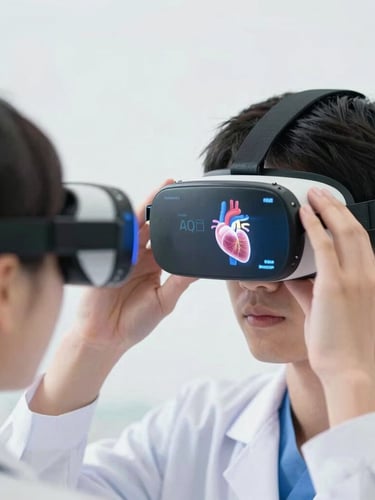 A close-up over-the-shoulder shot of a medical student using hand-tracking in an XR headset to manipulate a glowing, precise 3D cardiovascular system, clinical white background, soft blue ambient lighting, sharp focus