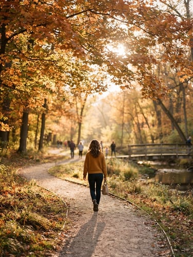 Warm editorial photography of a serene outdoor park in Indiana during golden hour, soft sunlight filtering through tall maple trees, shallow depth of field, 35mm film.