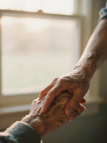 A close-up of a caregiver gently holding an elderly person's hand in a warm, sunlit Indiana home, soft golden-hour window light, shallow depth of field, warm editorial photography, 35mm film.