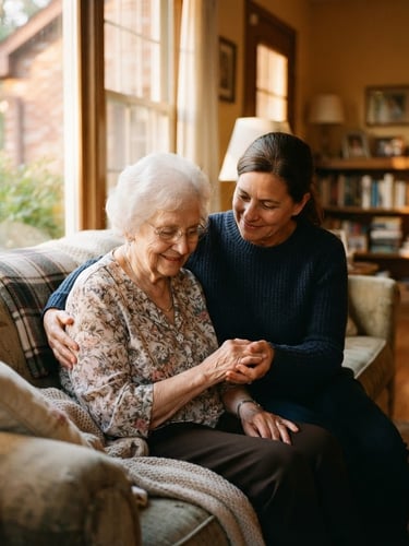 Warm golden-hour window light illuminating a cozy Indiana living room, a caregiver gently holding the hand of an elderly woman, soft focus, 35mm film