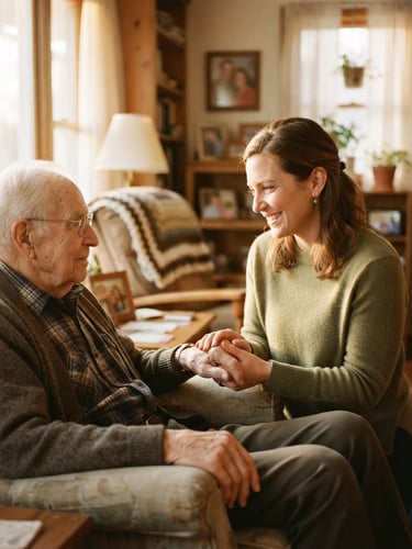 Candid side-profile of a friendly volunteer holding the hand of an elderly senior in a cozy, sunlit Indiana living room, warm 35mm film style.