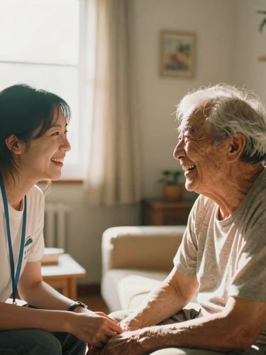 Candid side-profile of a friendly volunteer and an elderly resident laughing together in a cozy, sunlit living room, warm 35mm film style