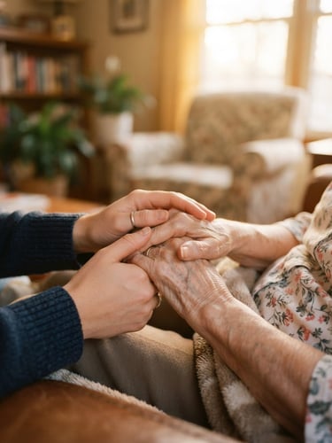 A close-up of a caregiver's hands gently holding an elderly senior's hands in a cozy, sunlit Indiana living room, warm golden-hour light, shallow depth of field, 35mm film