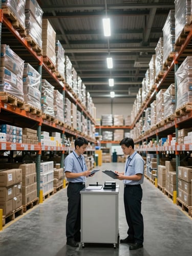 Wide-angle warehouse interior, organized pallets of boxed goods under industrial overhead lighting, a quality-control officer reviewing a clipboard at a checkpoint station in the foreground, rows of shelving extending into depth