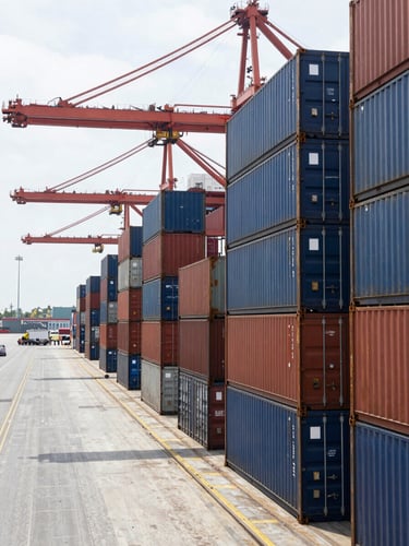 Wide shot of a busy commercial port at midday, stacked shipping containers in navy and rust filling the right two-thirds of frame, a cargo crane arm visible at upper edge, organized dock lanes receding into distance, bright overcast industrial light, no people