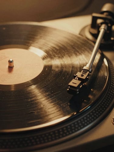 Intimate close-up of a vintage vinyl record spinning on a dark turntable, warm golden-hour spotlight highlighting the dust and heavy 35mm film grain