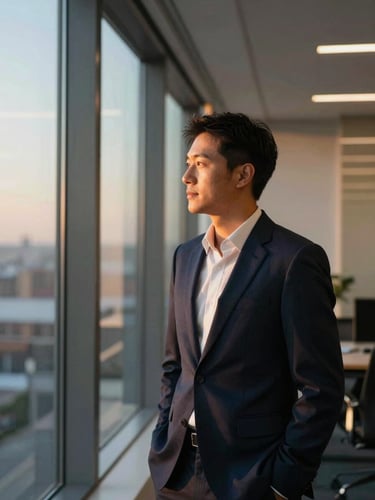 Confident business leader in a modern architectural office looking out of a window, warm golden hour light, soft shadows, deep navy tones, 35mm photography