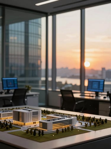 Modern corporate office overlooking the Levent business district in Istanbul, warm sunset light through glass windows, architectural models and digital screens on tables, shallow depth of field, 35mm.