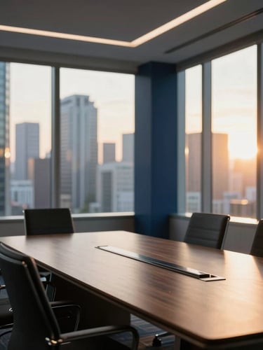 Wide environmental shot of a modern corporate boardroom overlooking an international business district, warm sunlight streaming through glass windows, deep navy accents, shallow depth of field, 35mm