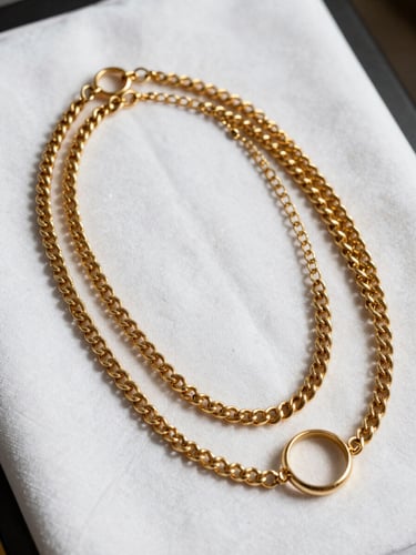 Close-up overhead shot of tangled gold necklaces and rings laid on a white examination cloth under bright studio light, high contrast, metal details sharp and clear