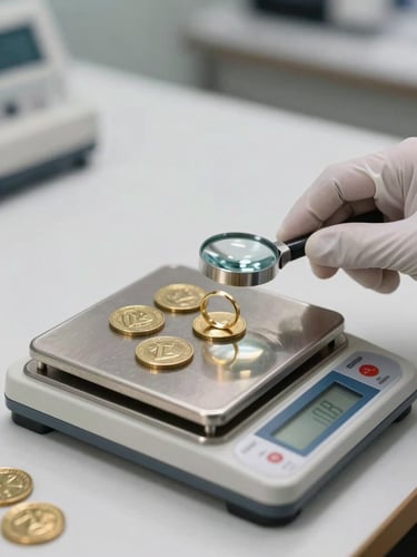 Close-up medium shot of a stainless steel certified scale with gold coins on the platform, a gloved hand steadying a loupe over a gold ring beside it, bright studio daylight balanced lighting, clean counter surface, institutional and precise