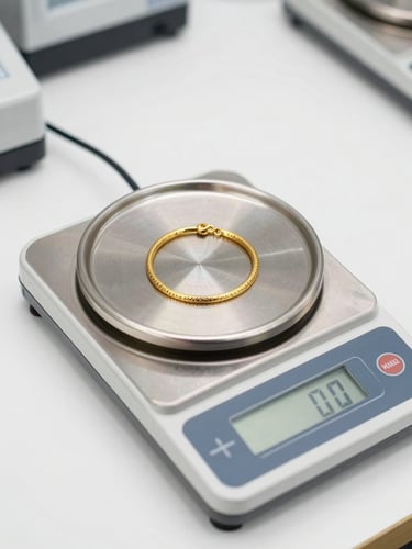 Overhead close-up of a stainless certified scale with gold jewelry resting in the weighing pan, clean white counter surface, bright studio daylight, sharp institutional framing