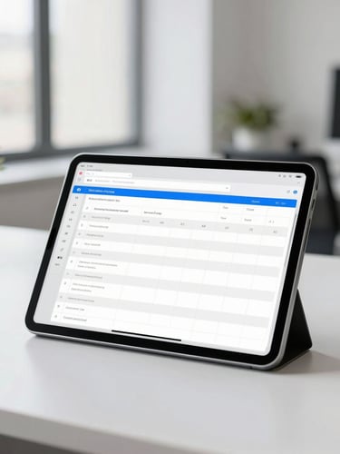 A bright, modern workspace in Santiago with natural daylight, a clean tablet showing a simple spreadsheet, soft focus, professional 35mm