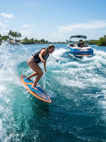 Low-angle wide shot of a professional wakesurfer carving hard on a massive, perfectly shaped glassy wave behind a high-end towboat, bright midday Florida sun, water spray frozen in mid-air.