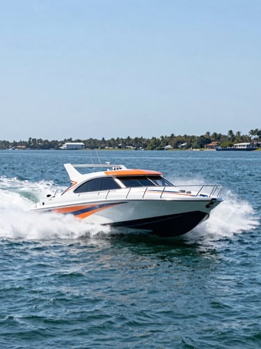 A sleek, high-performance MasterCraft towboat slicing through glassy water off the Naples coast, low horizon, wide shot capturing the boat's powerful wake and the sunny Florida shoreline.