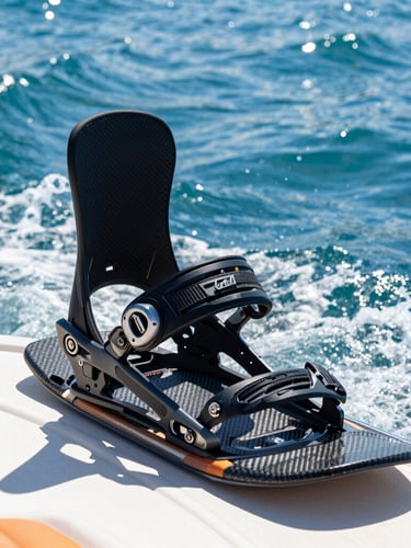 Ultra-sharp close-up of a premium wakeboard binding setup on a carbon-fiber board, resting on the swim platform of a luxury boat, sparkling blue Naples water in the background.