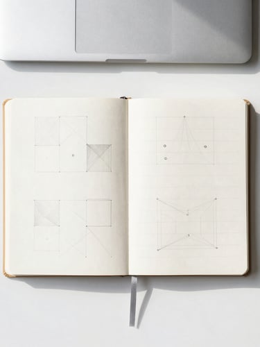 Overhead flat-lay of a minimalist organized desk, a crisp open notebook with geometric pencil diagrams, clean architectural lines, bright natural daylight, soft shadows
