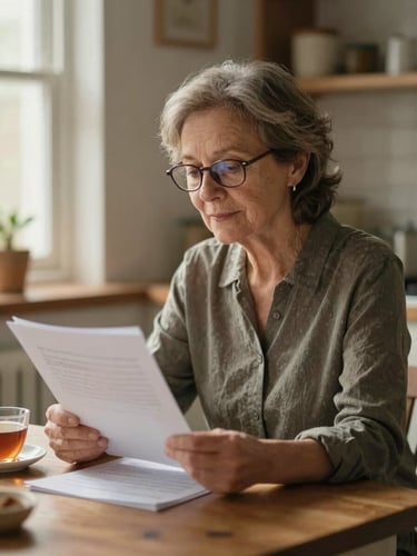 Close environmental frame of a woman in her late 60s seated at a kitchen table, reading glasses on, looking at papers with a relaxed expression, warm diffuse window light from the left, a cup of tea nearby, quiet and unhurried