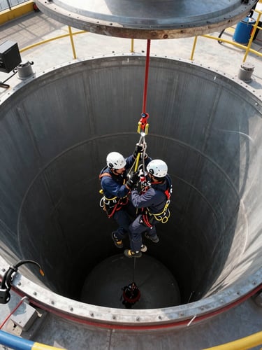 Wide environmental shot of industrial workers in full rope-access kit performing a confined-space rescue simulation inside a large steel tank, natural north-facing daylight entering from an overhead hatch, ropes and anchor hardware clearly visible, no posed expressions, documentary framing