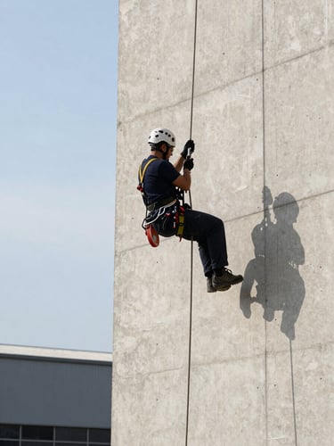 Wide environmental shot, rope access trainee in full harness and helmet descending a concrete industrial structure, ropes taut under natural north-facing daylight, equipment carabiners and descender visible in sharp detail, structure wall filling the right two-thirds of frame, open industrial sky on the far left