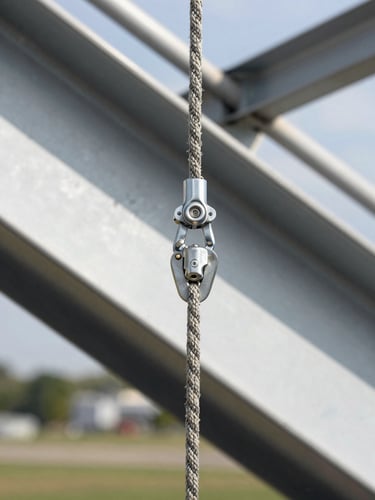 Close-up overhead shot of a rope access anchor point setup on an industrial steel beam, kernmantle rope threaded through a certified anchor device, natural north-facing daylight, sharp focus on hardware detail