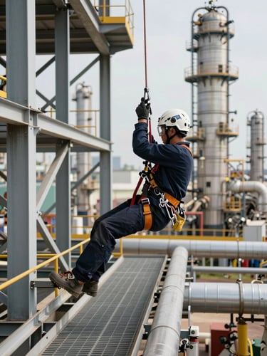 Wide environmental shot of a rope access technician in full harness descending a large industrial structure at a refinery, natural daylight from the north, steel grating and pipe runs visible in background, precise hand positioning on descender device in sharp foreground focus