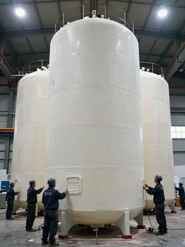 Wide environmental shot of an ETE fiberglass tank assembly in progress inside an industrial workshop, technicians positioning large cylindrical sections under bright studio overhead lighting, visible structural ribbing and raw fiberglass layers