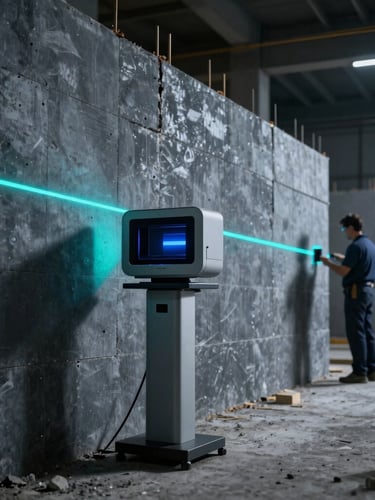 Escáner láser 3D en un sitio de construcción industrial vacío, capturando datos de una pared de hormigón, con líneas de escaneo de neón cian visibles y un operador técnico en el fondo, iluminación dramática y sombras, tonos fríos.