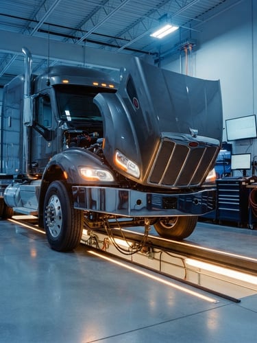 Low-angle powerful commercial shot of a Class 8 semi-truck inside a clean high-tech diagnostic bay, cool blue steel tones with warm amber tool lights, crisp details, 35mm