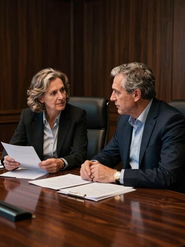 Candid portrait of two mature financial partners in deep consultation inside a dark-toned boardroom, sharp side lighting, rich textures of heavy paper and dark oak.