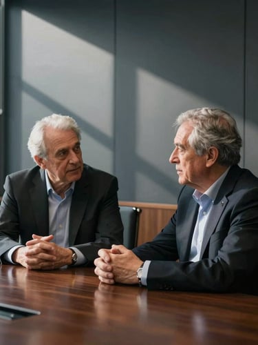 Candid, unposed portrait of a senior partner in deep consultation inside a dark-paneled boardroom, single source window light casting dramatic shadows.
