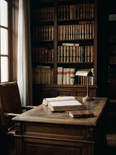 Moody editorial photography of a historic Madrid law office interior, soft side-lighting on dark wood paneling and leather-bound archives, shallow depth of field, 35mm