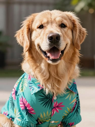 Bright cheerful pet photography, a happy golden retriever wearing a vibrant teal tropical shirt, warm natural daylight, 35mm