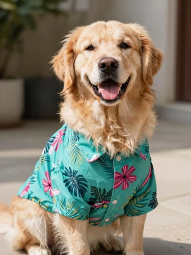 A happy fluffy golden retriever wearing a bright teal tropical shirt, sitting comfortably in warm natural daylight, cheerful pet photography