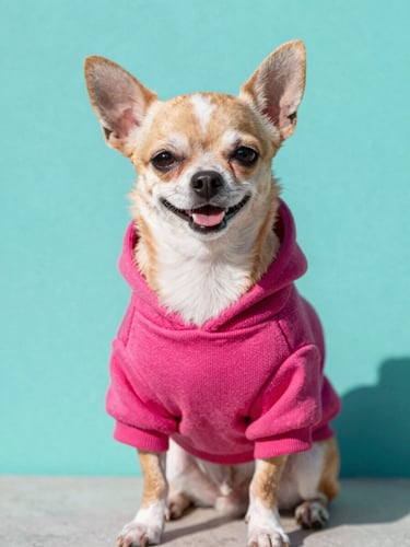 A happy small chihuahua wearing a vibrant magenta custom-tailored hoodie, sitting alertly against a bright teal background, warm natural daylight, 35mm.