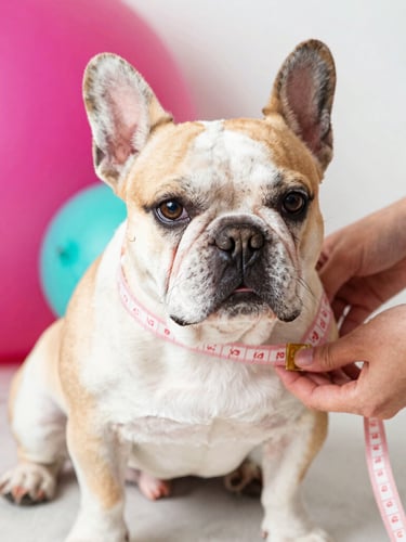 Bright cheerful pet photography, a cute French bulldog being measured gently with a soft tape measure, warm natural daylight, 35mm