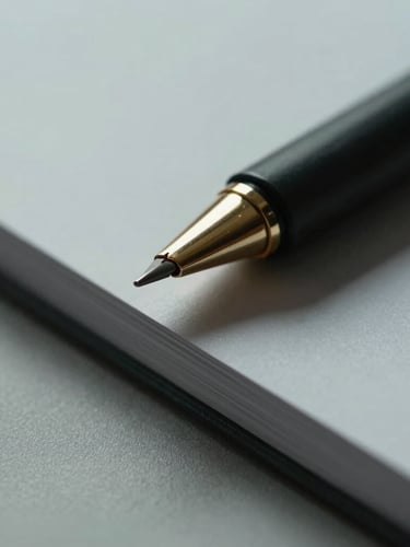 Extreme close-up of high-end stationery with geometric shadows, cool diffused overcast daylight, desaturated tones, architectural precision