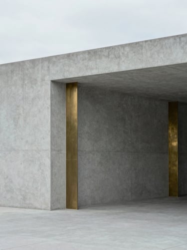 Sober architectural photography, clean geometric shadows on concrete, cool diffused overcast daylight, desaturated cool tones with brass accents, 35mm lens