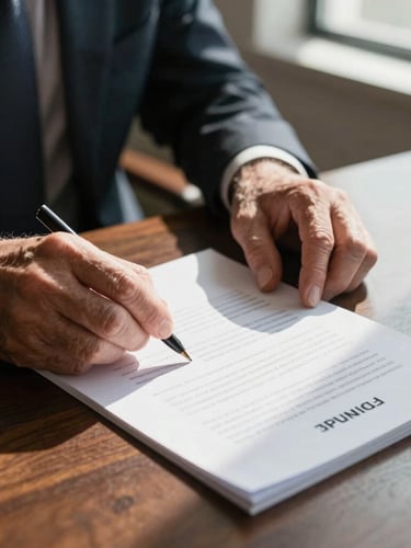 Close-up of senior executive hands reviewing a textured physical corporate contract on a dark wooden table, natural side lighting from a window, sharp shadows.